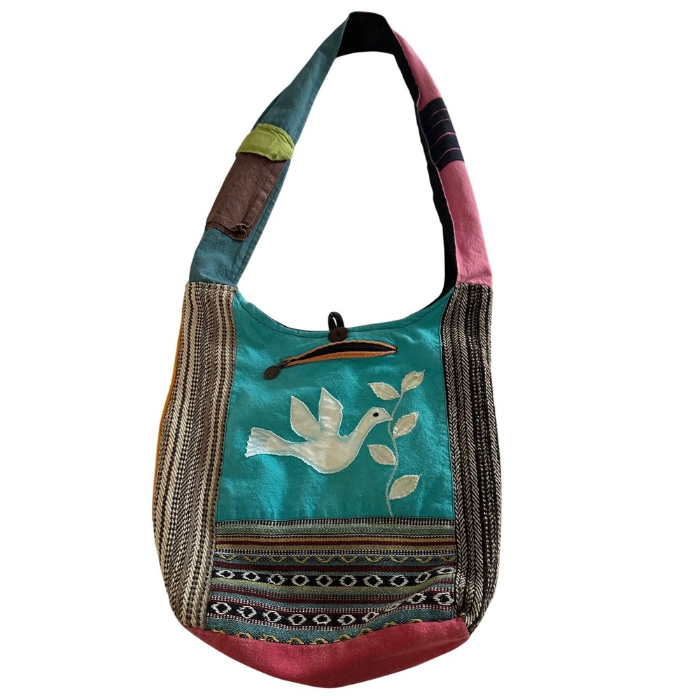 Handmade Nepal Cotton Patchwork Hobo Crossbody Bag‎ Blue Dove Peace Festival